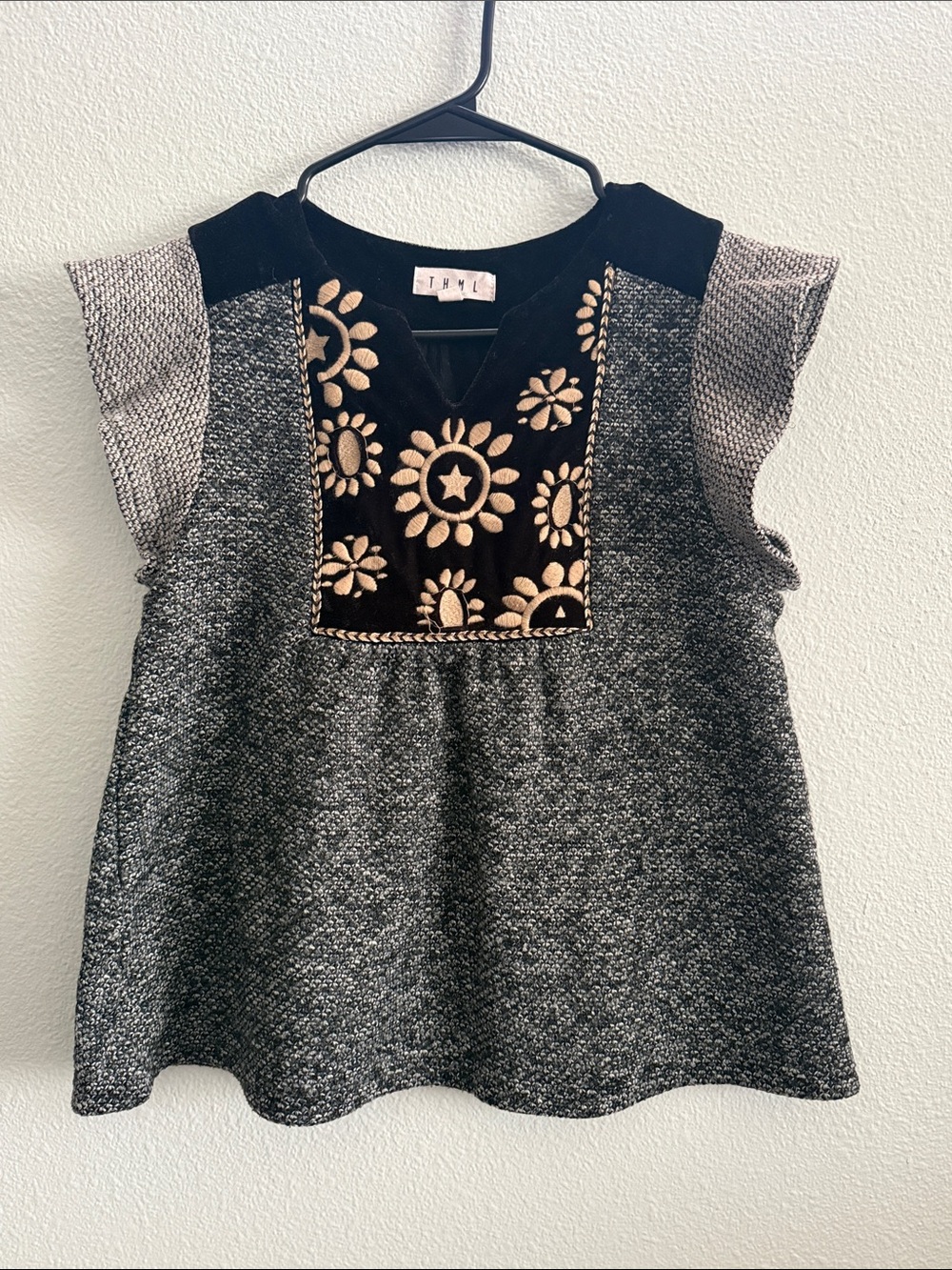THML S Black Gray Textured Boho Top Embroidered Velvet Floral Bib Ruffle Sleeves